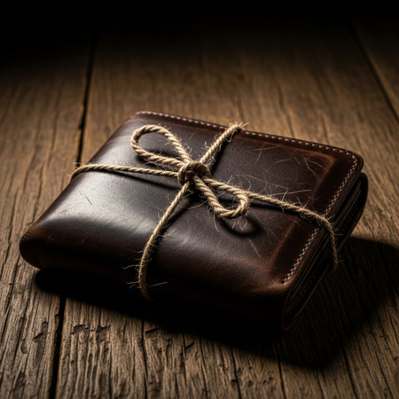 Leather wallet tied with twine on old wooden background, selective focusの素材