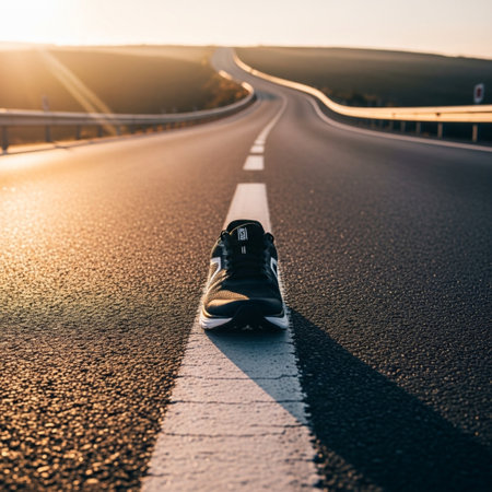 Black running shoes on the asphalt road in the rays of the setting sunの素材