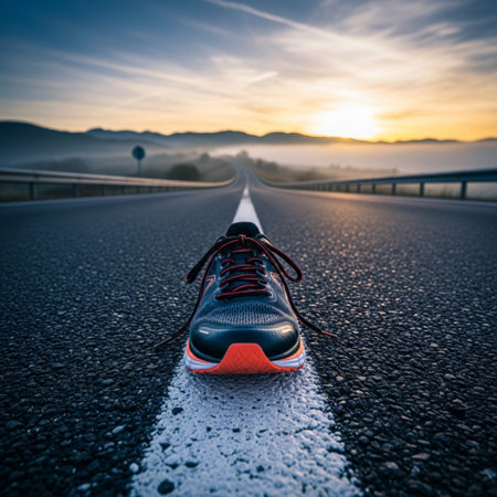 Running shoes on asphalt road at sunrise. Sport and healthy lifestyle concept.の素材