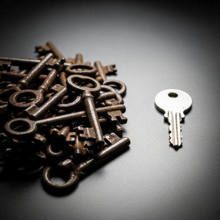 A bunch of old keys on a dark background. Toned.の素材