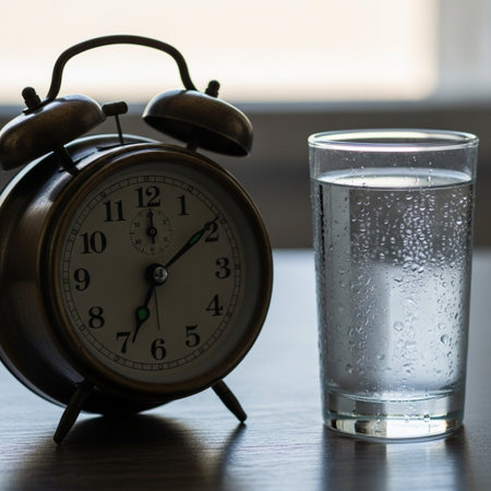 Alarm clock and a glass of water on a wooden table.の素材