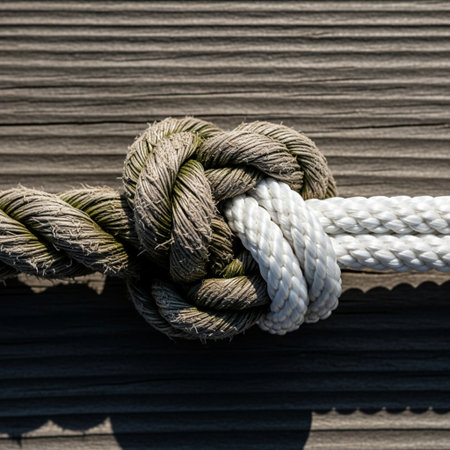 Rope with knot on wooden background. Rope tied in a knot.の素材