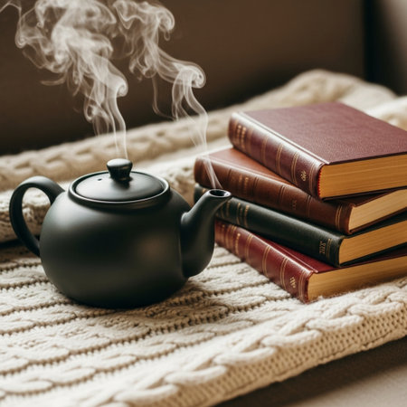 Cup of hot tea, books and teapot on knitted plaidの素材