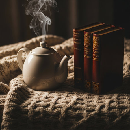 Cozy still life with books, teapot and steam.の素材