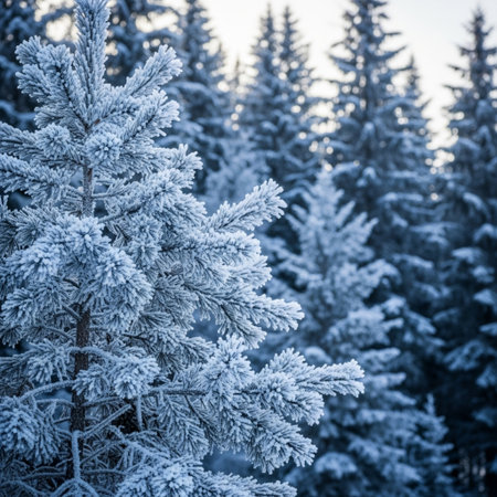 Fir tree branches covered with hoarfrost in winter forest.の素材