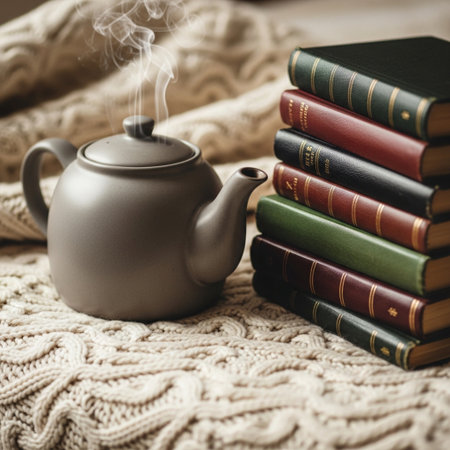 Cup of hot tea, books and teapot on knitted plaidの素材