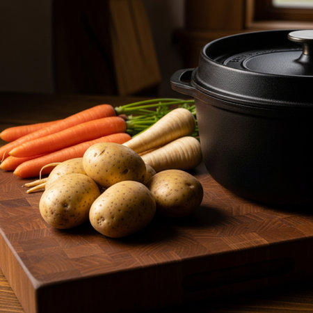 Potatoes and carrots on a cutting board with a pot on the backgroundの素材