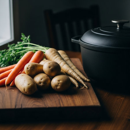 Potatoes, carrots and potatoes on a cutting board on a wooden tableの素材