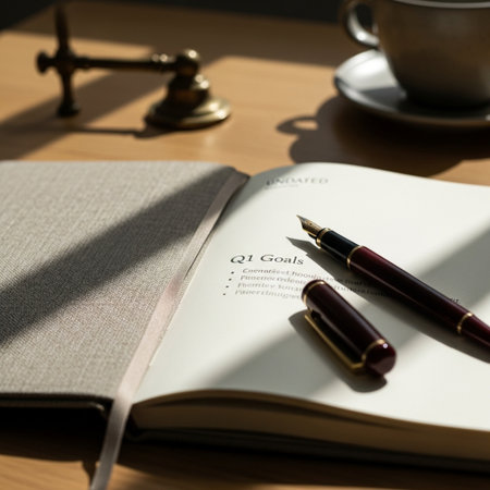 Notebook with fountain pen and coffee cup on table in morning lightの素材