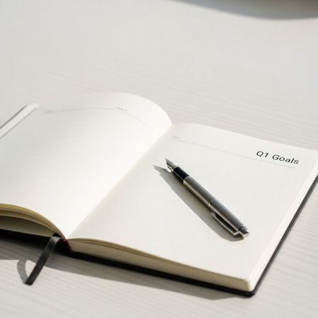 Notebook and pen on a white table, closeup of photoの素材