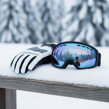 Ski goggles on a wooden bench in the snow. Winter sportsの素材