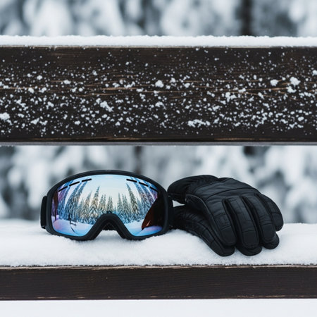 Ski goggles and black gloves on a bench in the snow.の素材