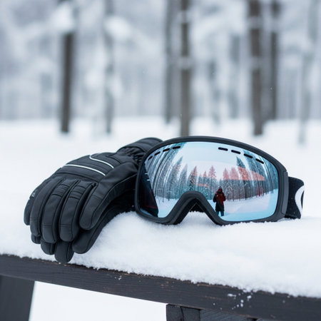 Ski goggles and gloves on the snow in the winter forest.の素材