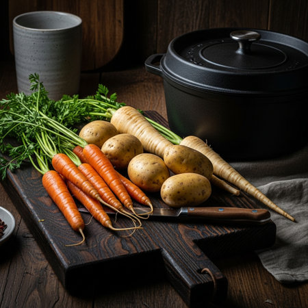Fresh carrots and potatoes on a wooden cutting board. Dark background.の素材