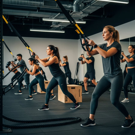 group of young sporty women exercising with trx fitness straps in gymの素材