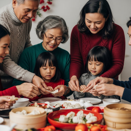 asian family eating dumpling together at home, asian familyの素材