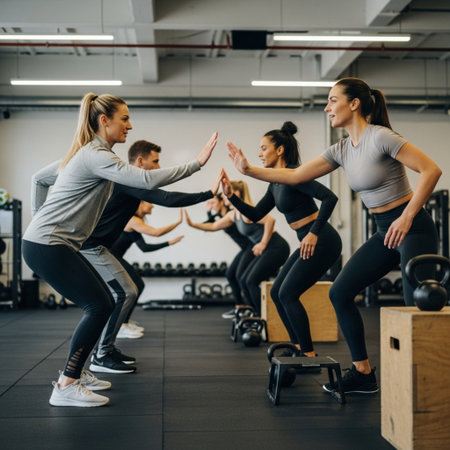 Group of young people in sportswear doing exercises at the gym.の素材