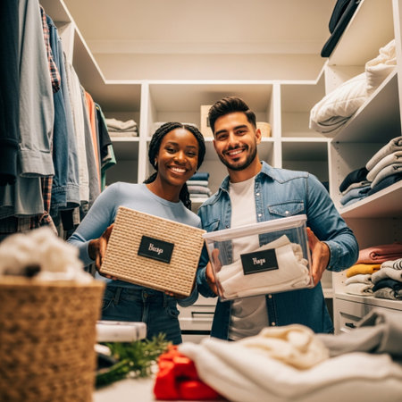 selective focus of happy african american couple holding boxes with clothes in clothing storeの素材