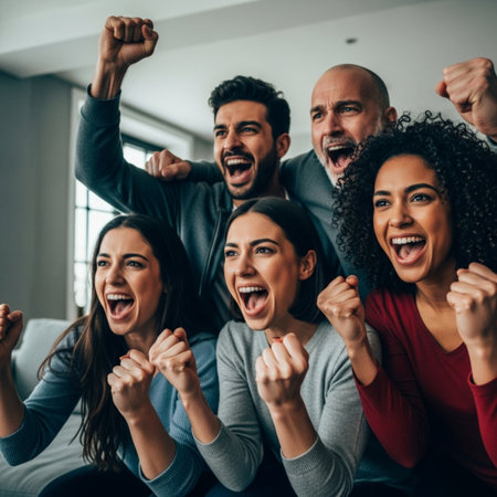 Group of cheerful young people are celebrating and gesturing while sitting on sofa at homeの素材