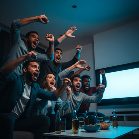 excited friends cheering with arms raised while watching football on tv at homeの素材
