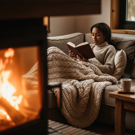 Young black woman reading a book in front of a fireplace at homeの素材