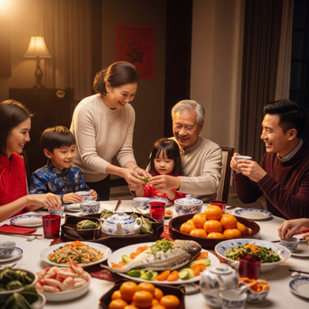 asian family having dinner at home in chinese lunar new yearの素材