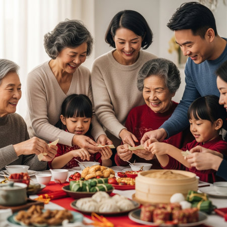 Happy asian family spending time together at home. Grandmother, grandmother, grandchild and grandson having fun together.の素材
