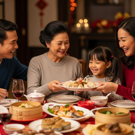 asian family eating dumplings at christmas dinner in restaurantの素材