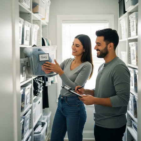 Young couple choosing a new door lock in a home furnishings store.の素材
