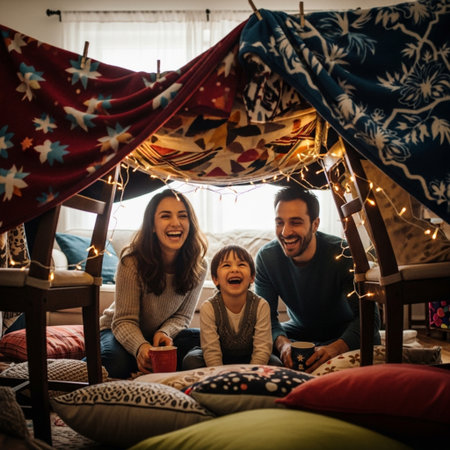 Happy family in a tent at home. They are having fun and laughing.の素材
