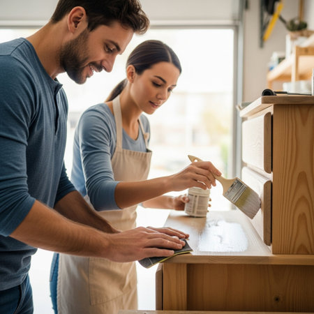 Beautiful young couple in aprons are painting a shelf in the kitchen.の素材