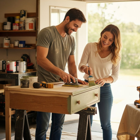 Couple working together in their workshop. Man and woman working together.の素材