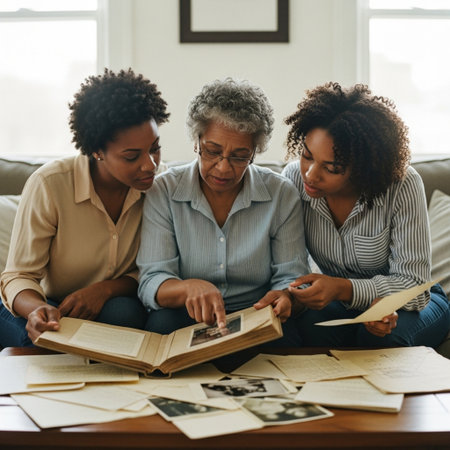 Senior mother teaching her adult daughter how to read a book at homeの素材