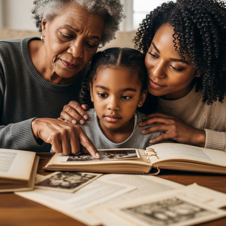 Happy african american family reading book together at home. Mother, grandmother and granddaughter are sitting at the table.の素材