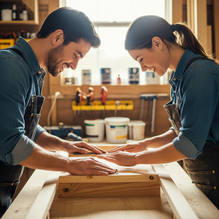 Carpenter and his female colleague working together in a workshop.の素材