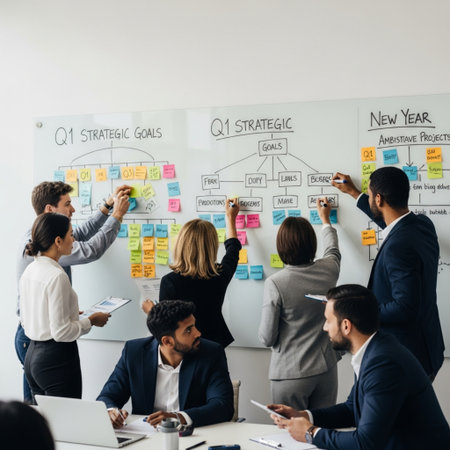 multiethnic business people writing on whiteboard during meeting in officeの素材