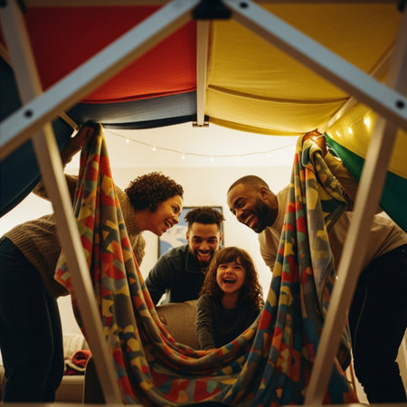 Group of friends having fun in a tent at a campsite.の素材