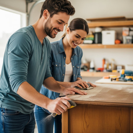 Couple working together in the kitchen at home. Man and woman are making furniture.の素材