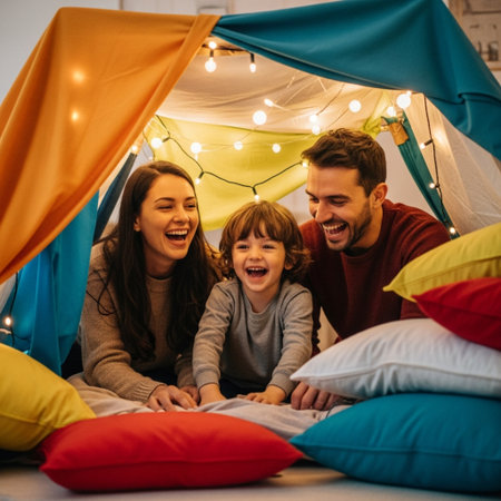 happy family playing with pillows and smiling while lying in tent at homeの素材