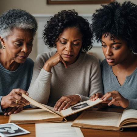 African american women reading book together at home. Black women reading book together.の素材