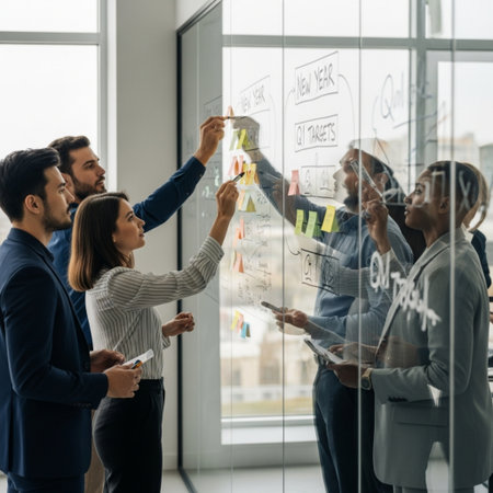 multiethnic businesspeople working with sticky notes on glass board in officeの素材