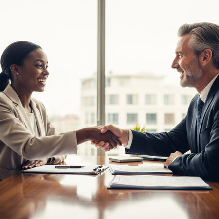 Business people shaking hands, finishing up a meeting. Businessman and businesswoman smiling and shaking hands while sitting at the table in office.の素材