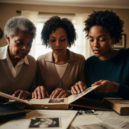 Group of multiethnic women sitting at table and reading book togetherの素材