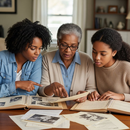 Family spending time together at home. Black family sitting at the table and reading a book.の素材