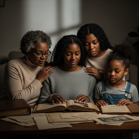 African american family reading book together in living room at home.の素材