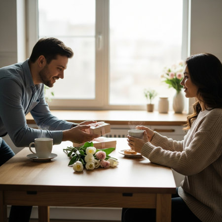 Romantic couple in love sitting at a table in the kitchen. Man gives a gift to his girlfriend.の素材