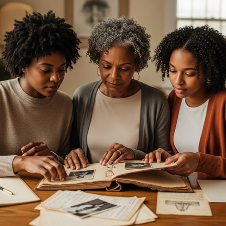 Image of concentrated african american women sitting at table indoors reading book.の素材