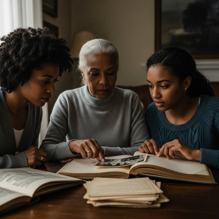 Senior woman reading a book with her adult daughter and granddaughter at homeの素材
