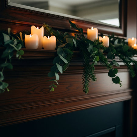 Wedding candles on the background of the fireplace in the roomの素材