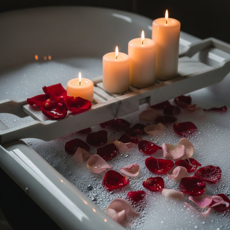 Candles and rose petals on a tray in a bathtubの素材